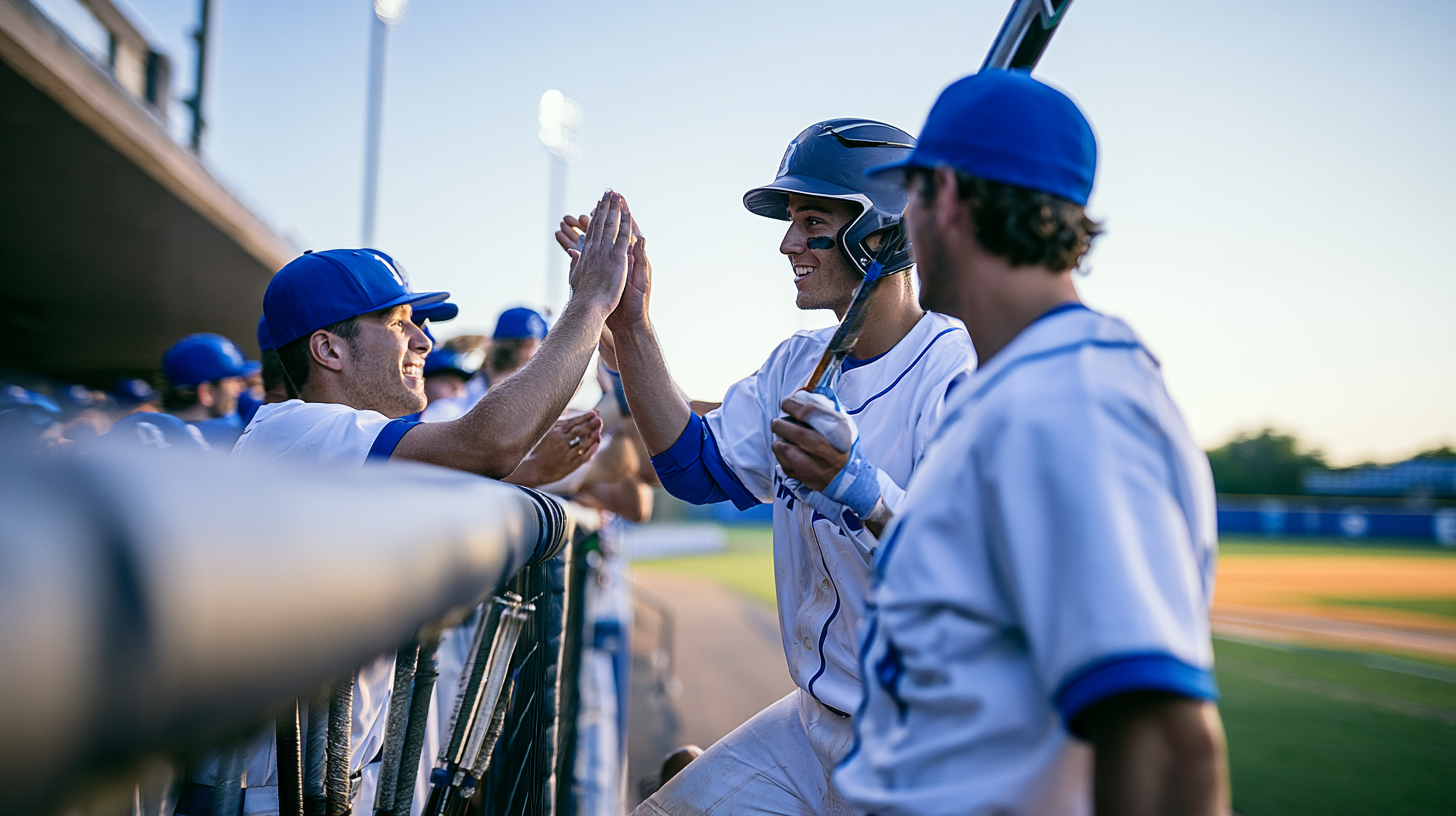 Teammates celebrating in the dugout after a big play