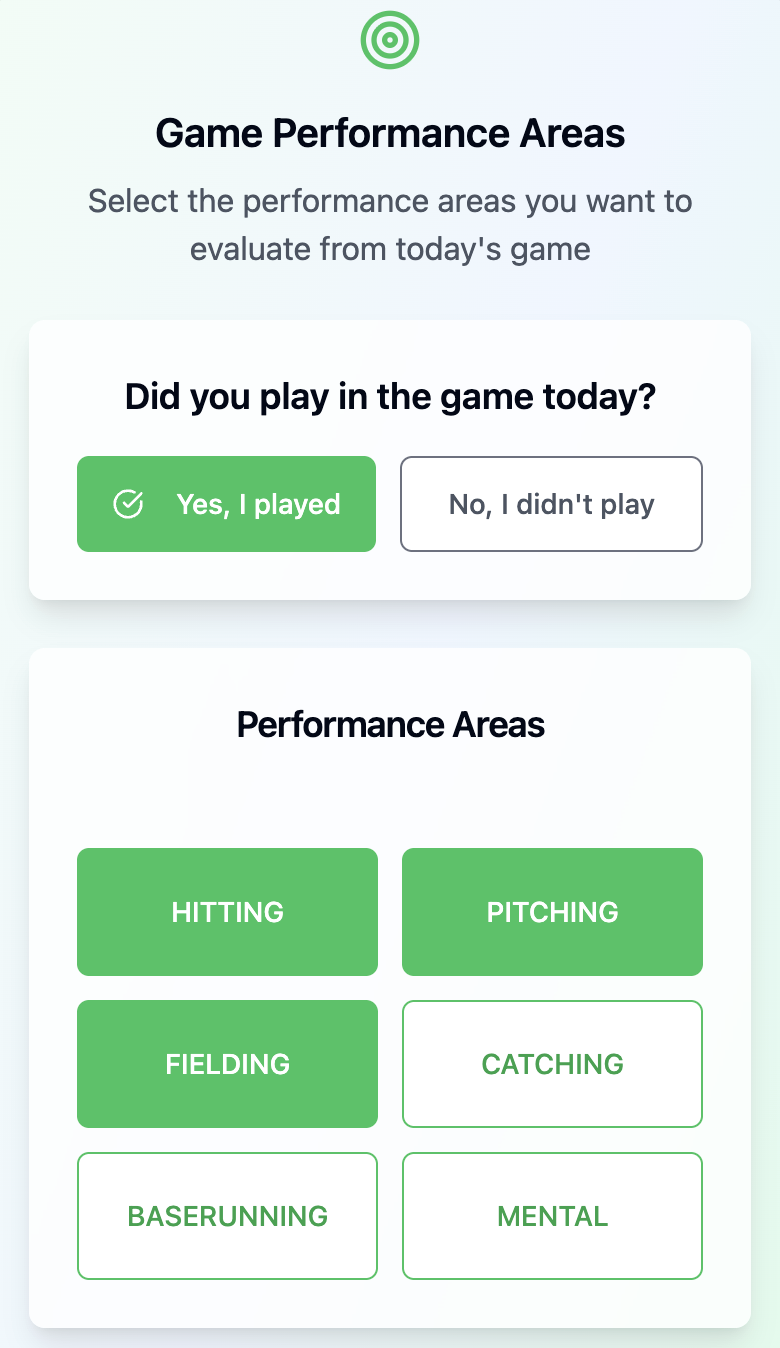 RiiVU app screen showing game performance areas to evaluate