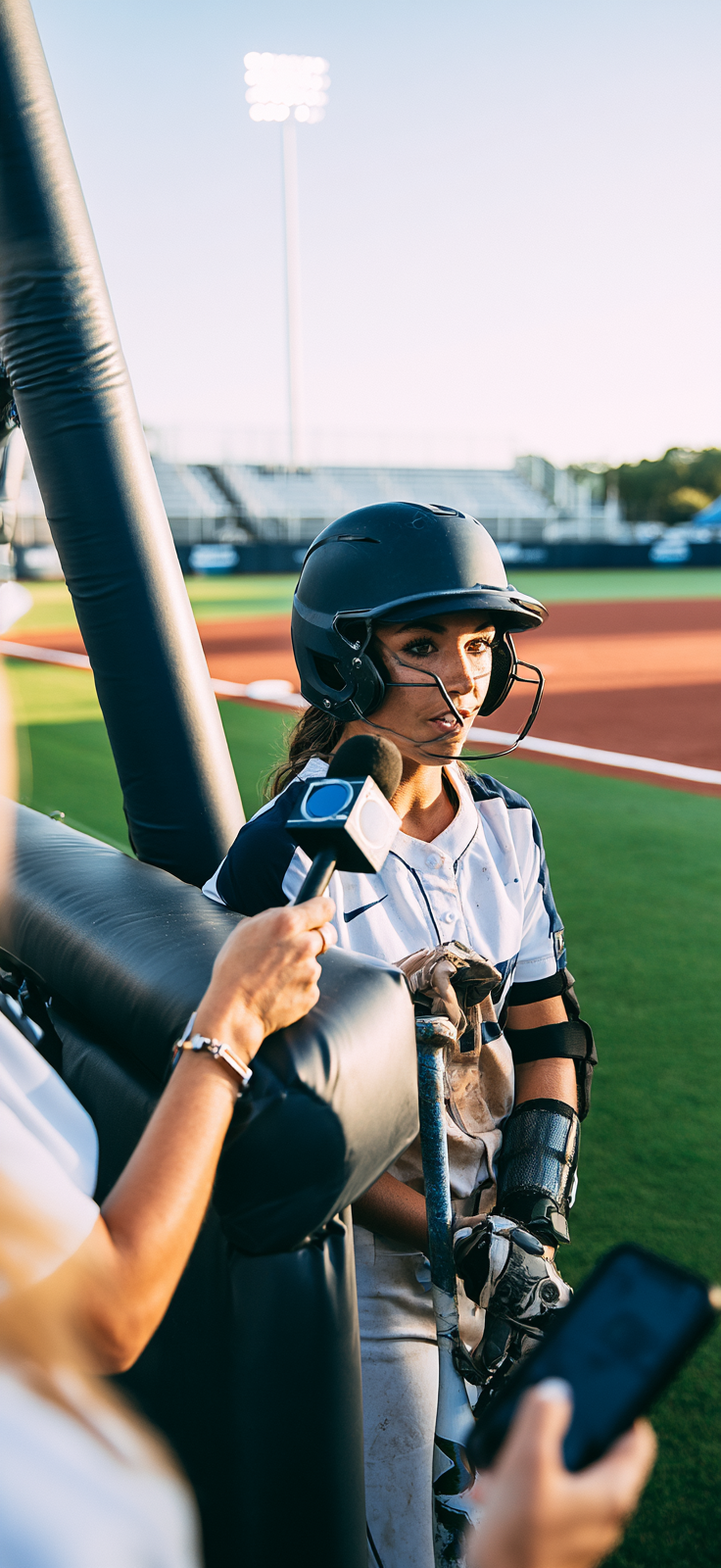 Softball player being interviewed on the field after a game
