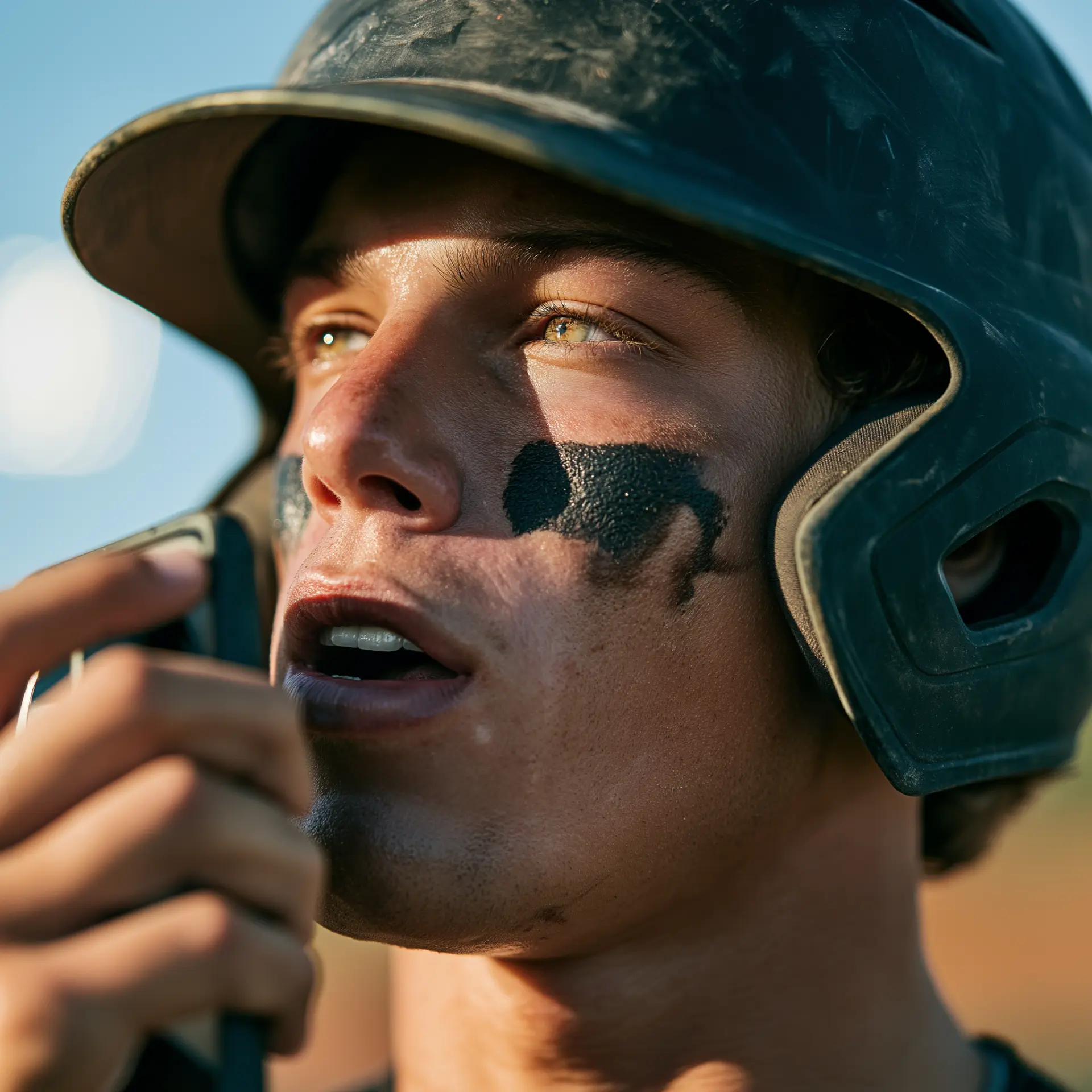 Young baseball player in a helmet speaking into his phone in the dugout